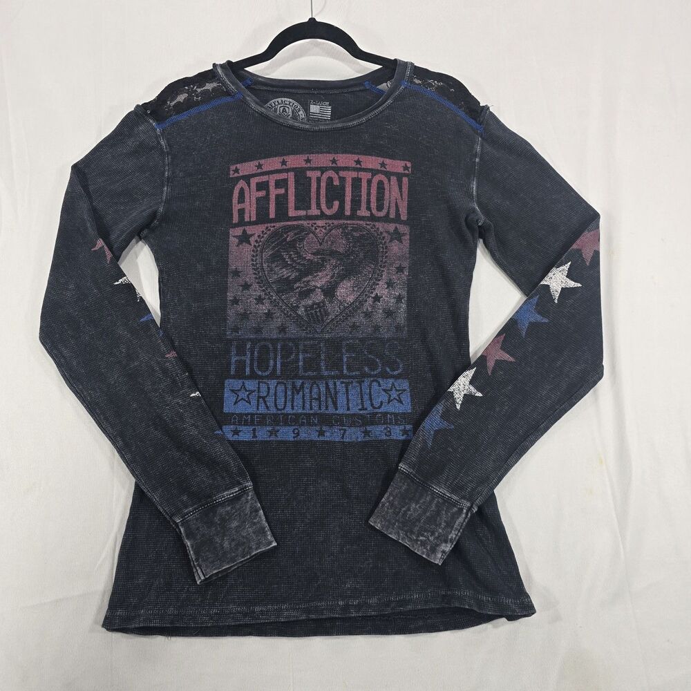 Affliction Graphic Thermal Top Womens XL Distressed Black Lace Stars Heart Goth